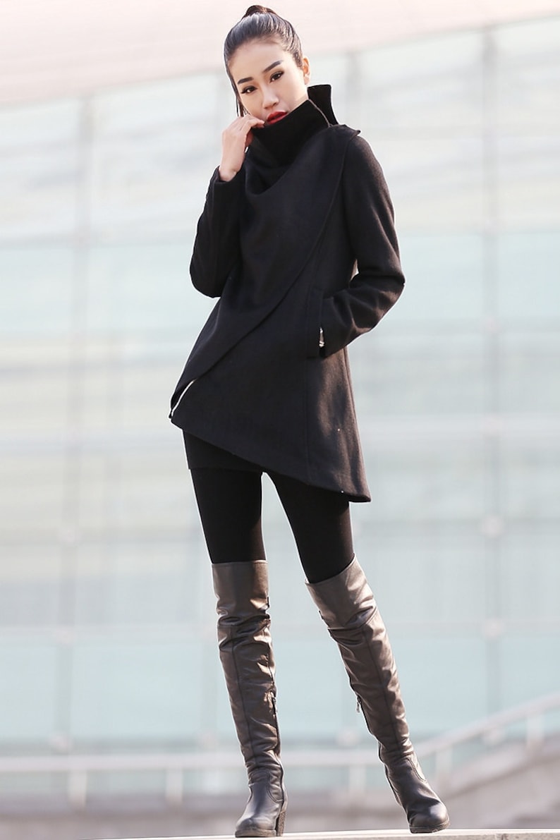 Black coat, Wool coat, winter coat, woman coat, Asymmetrical coat, high collar coat, zipper coat, short coat, handmade coat C227 image 2