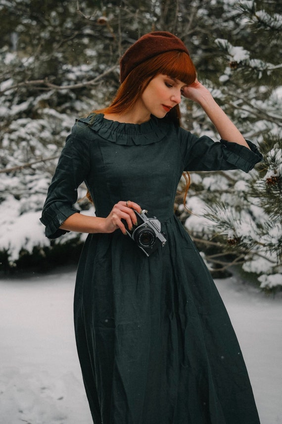 Green Linen dress Linen maxi dress Linen dress with ruffle Modest linen dress Womens Long Linen dress Handmade dress ylistyle C4164