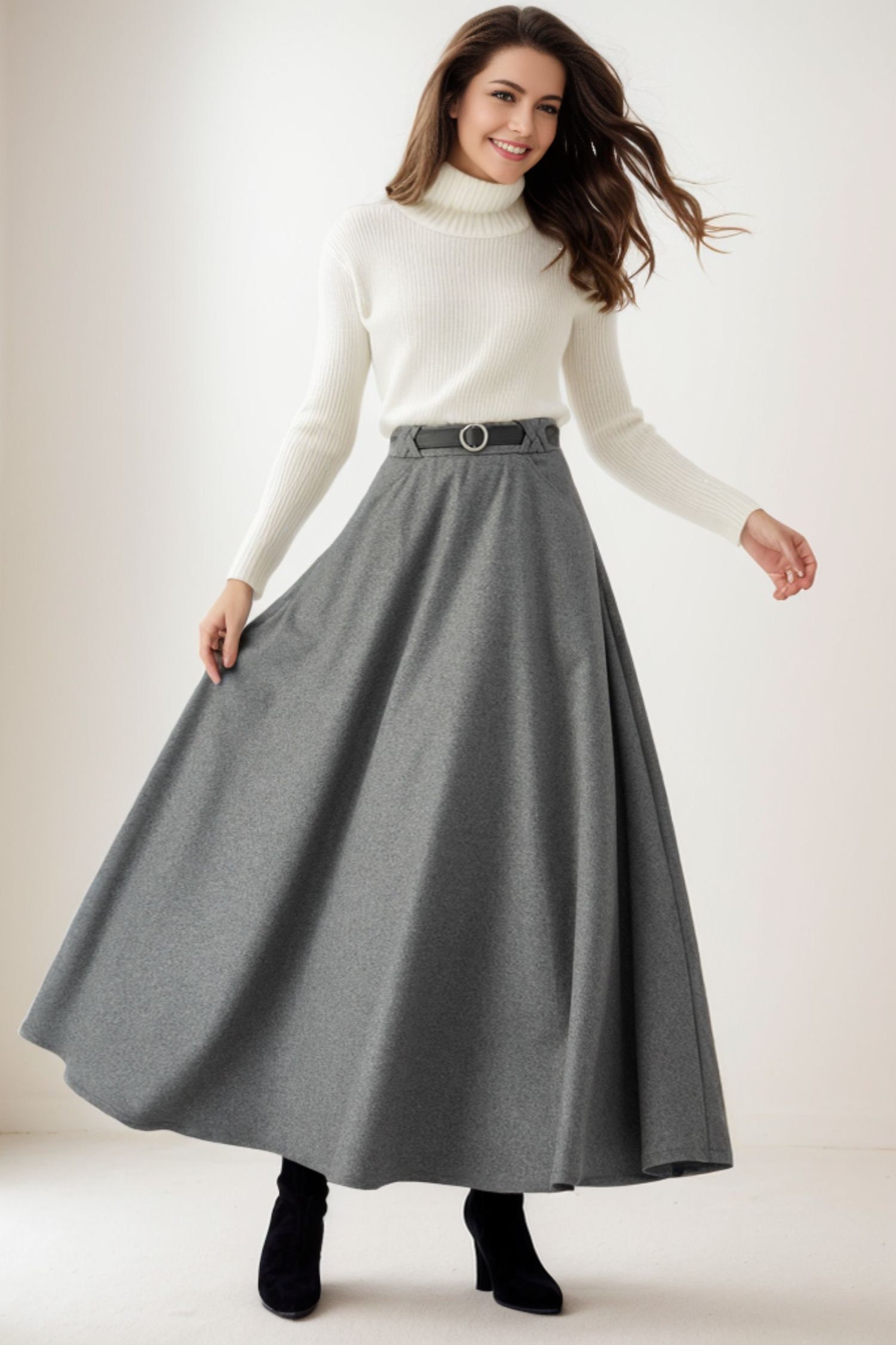 ◇LENINA◇ GLADYS wool check skirt_gray plaid skirt, Gray Skirts, wool skirt, midi skirt, womens