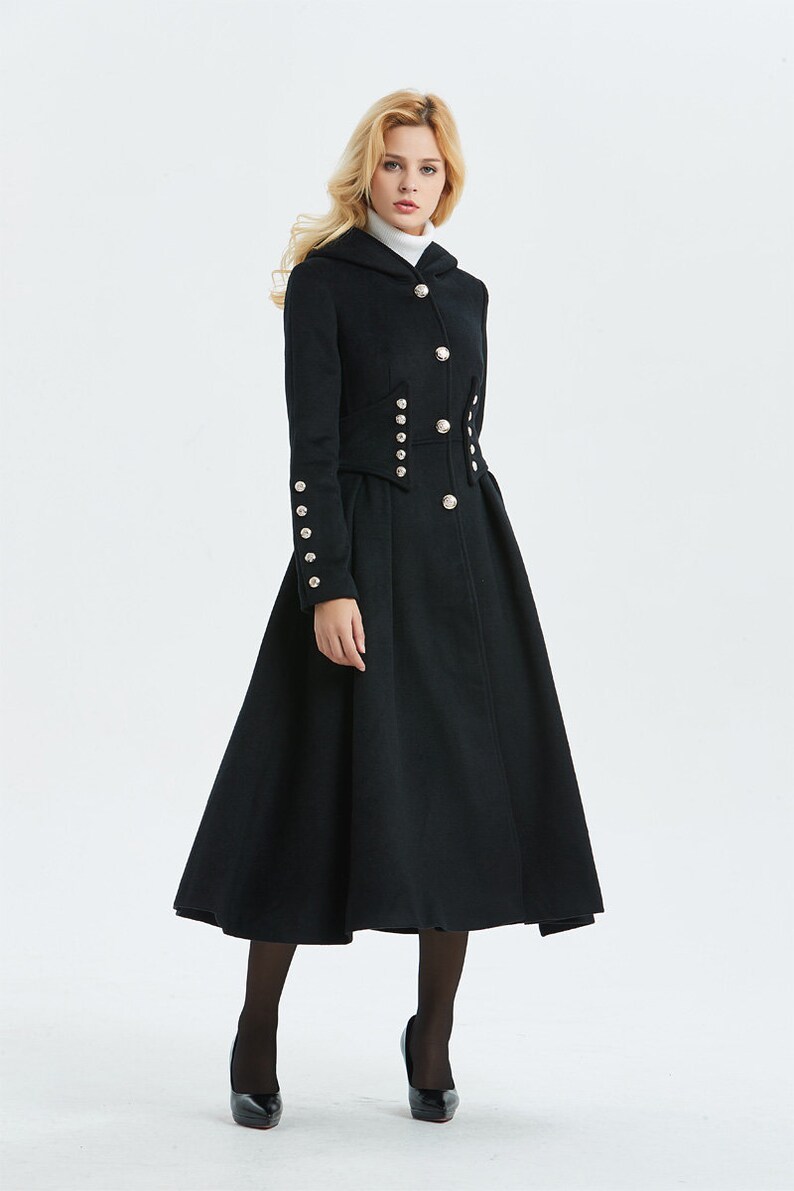 Military coat black wool coat long coat hooded coat womens Etsy