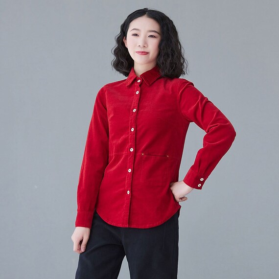 Women's Red Corduroy Shirt Long Sleeve 