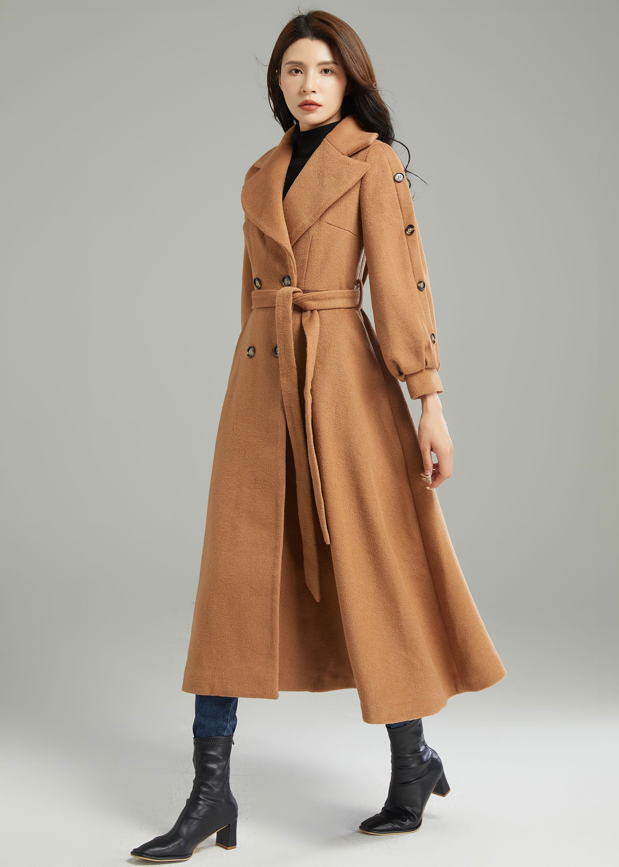 レディース冬用ダブルブレストコート ブラウンウールロングジャケット