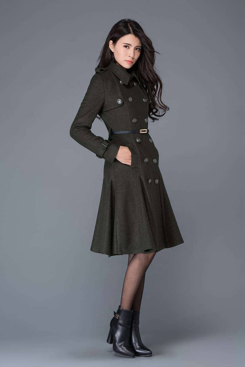 Wool coat women, Double breasted wool coat, winter coat women, Military Coat, Green wool coat with pockets, handmade wool coat C1028 image 6