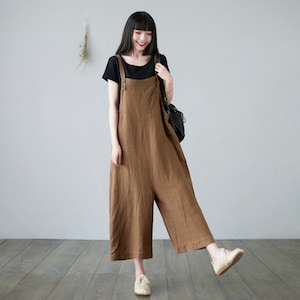 Wide leg Linen Jumpsuits Overalls in brown, Women Crop Linen Overalls, Plus Size Jumpsuits, Handmade overalls C2289