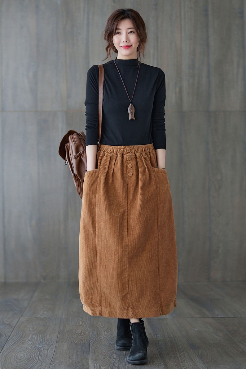 Brown Corduroy Skirt, Maxi Corduroy skirt, Autumn winter Corduroy Skirt, Casual Corduroy Skirt, Plus size Corduroy Skirt with Pockets C1820 image 2