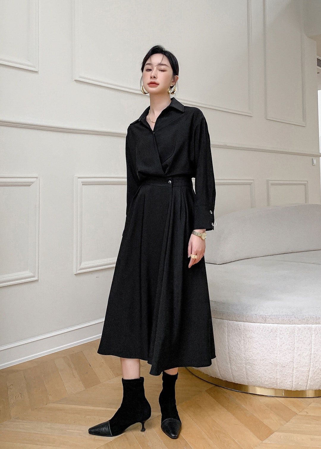 Black Midi Shirt Dress Long Sleeve Shirt Dress Loose Fitting Etsy