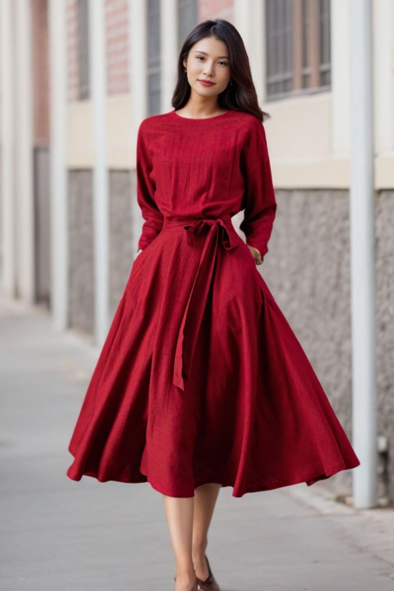 Linen Dress, Linen Midi dress, Belted Dress, Dress with Pockets, Womens Linen Dress, Spring Linen Dress, Casual Linen Dress, Ylistyle C3909 image 1