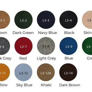 May include: Color chart with 14 different fabric swatches labeled with numbers and names. The colors include brown, dark green, navy blue, black, skin pink, dark grey, red, light grey, blue, green, yellow, sky blue, khaki, and dark brown.