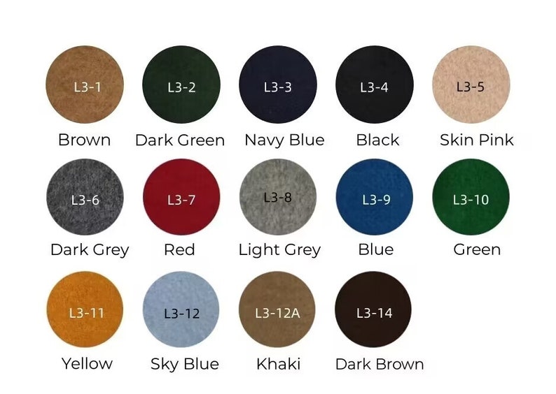 May include: Color chart with 14 different fabric swatches labeled with numbers and names. The colors include brown, dark green, navy blue, black, skin pink, dark grey, red, light grey, blue, green, yellow, sky blue, khaki, and dark brown.