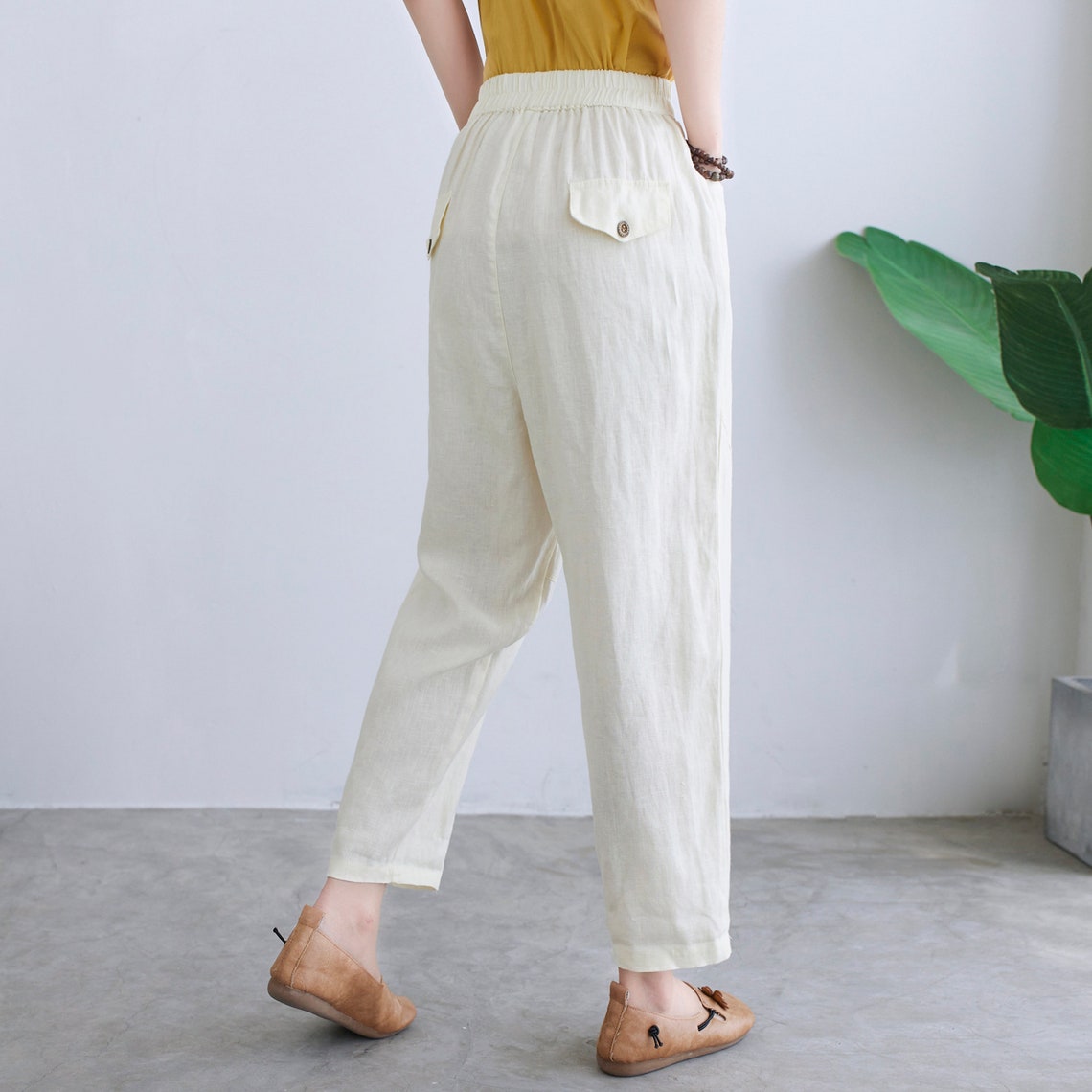 White Linen Pants Casual Cropped Pants Elastic Waist Pants | Etsy