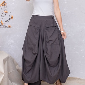 Summer Dark Gray Linen Skirt With Pockets, Casual Lantern Skirt, Plus ...