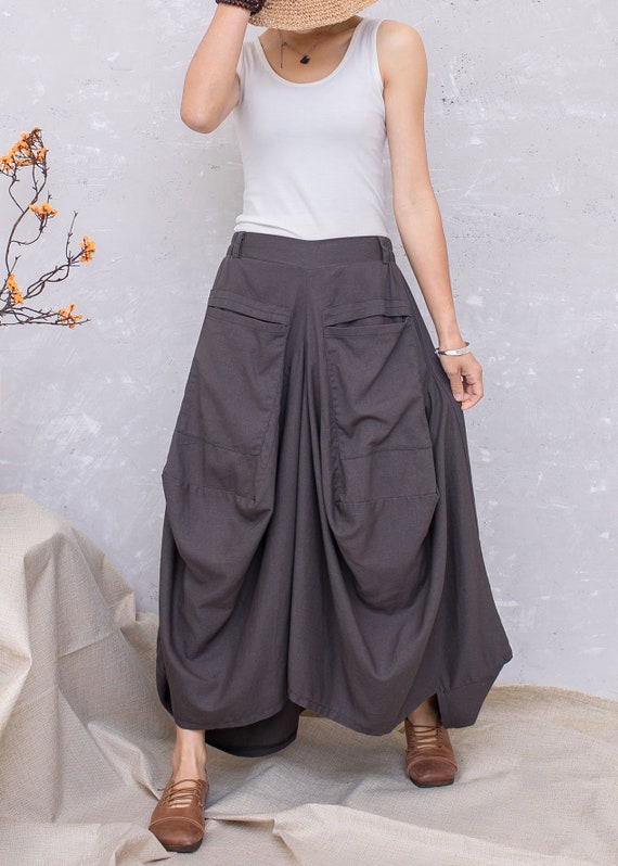 ◆ojos◆ Layering Draped Maxi Skirt Warm Grey 25SS-SK04-WGR Summer Dark Gray Linen Skirt With Pockets, Casual Lantern