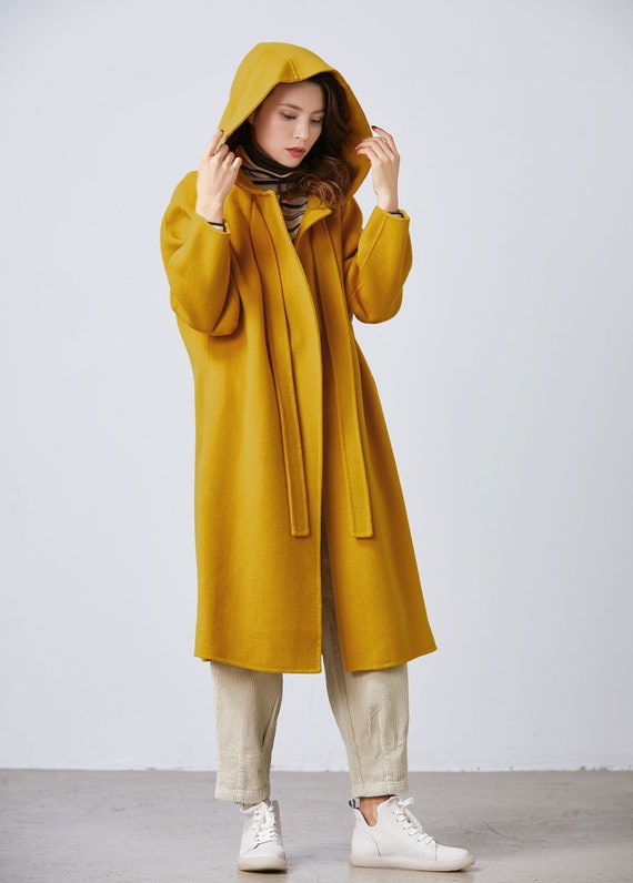 Mustard Yellow Cape Coat, Hooded Coat, Wool Coat, Wool Cape Coat