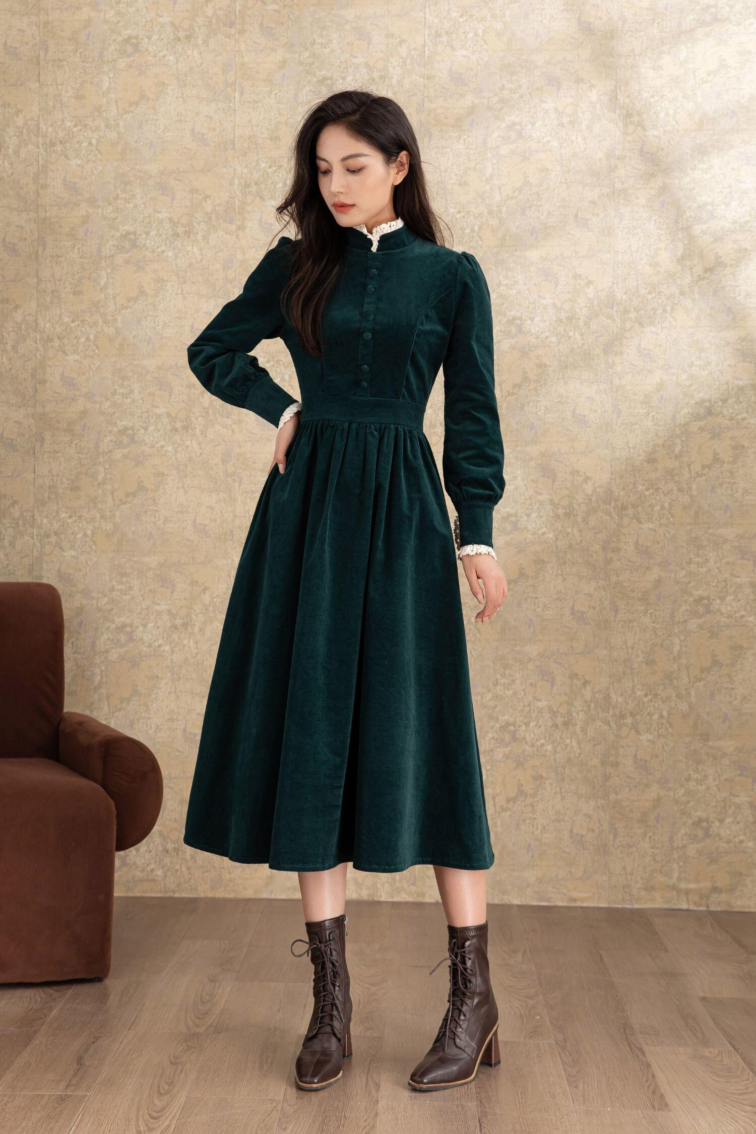 green emerald velvet dress Ros Panelled Cord Midi Dress-Green Fir main image 0