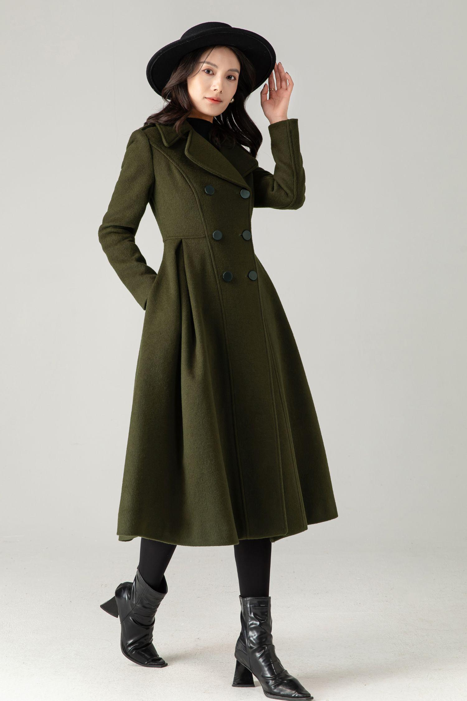 Army Green Wool Swing Coat – Double Breasted Fit and Flare Winter