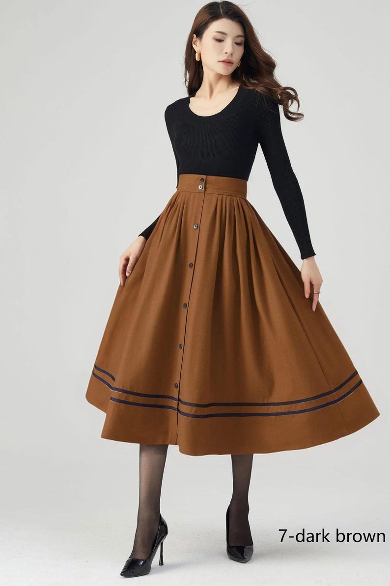 Wool Skirt Women, Midi Skirt, Button down Wool Skirt, High Waisted Skirt, Winter Warm Skirt, Swing Skirt, Handmade skirt, Ylistyle C3552 C7-dark brown