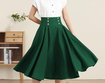 Linen Skirt, Green midi skirt,  Women linen skirt, High wiast skirt, Linen Swing Skirt, Women's autumn Skirt with pockets, Ylistyle C4886#