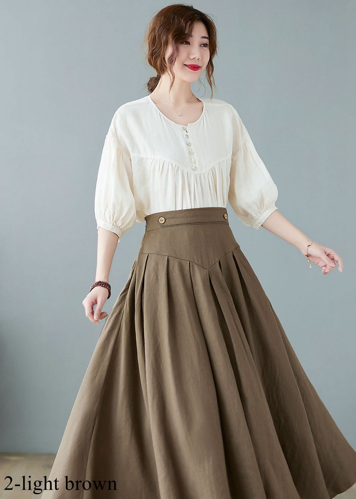 Brown pleated linen midi skirt a line skirt womens circle | Etsy