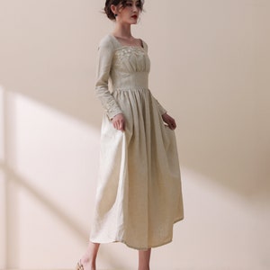 Vintage Style Linen Dress, Linen Midi Dress, Long Sleeve Dress, Linen ...