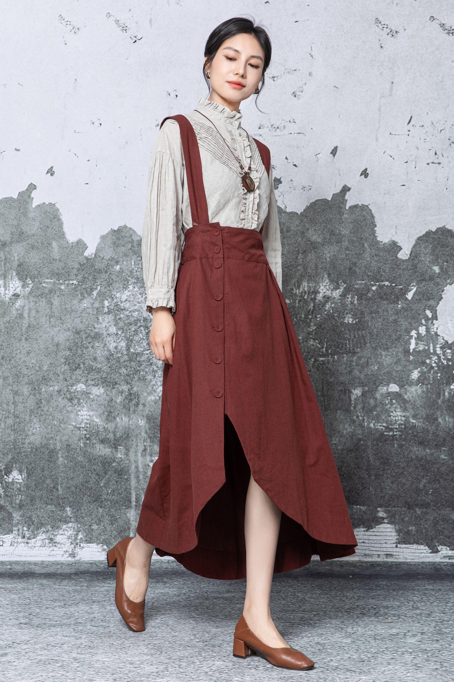 Rust Linen Pinafore Dress: Asymmetric Hem Apron Dress With Pockets