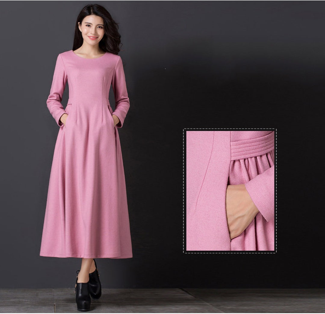 Long Sleeve Wool Dress, Long Wool Dress, Wool Dress, Pink Wool Dress, A