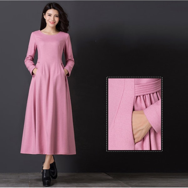 Long sleeve wool dress, Long wool Dress, Wool Dress, Pink wool dress, A Line wool Formal Dress, Minimalist Dress, Ylistyle C1732