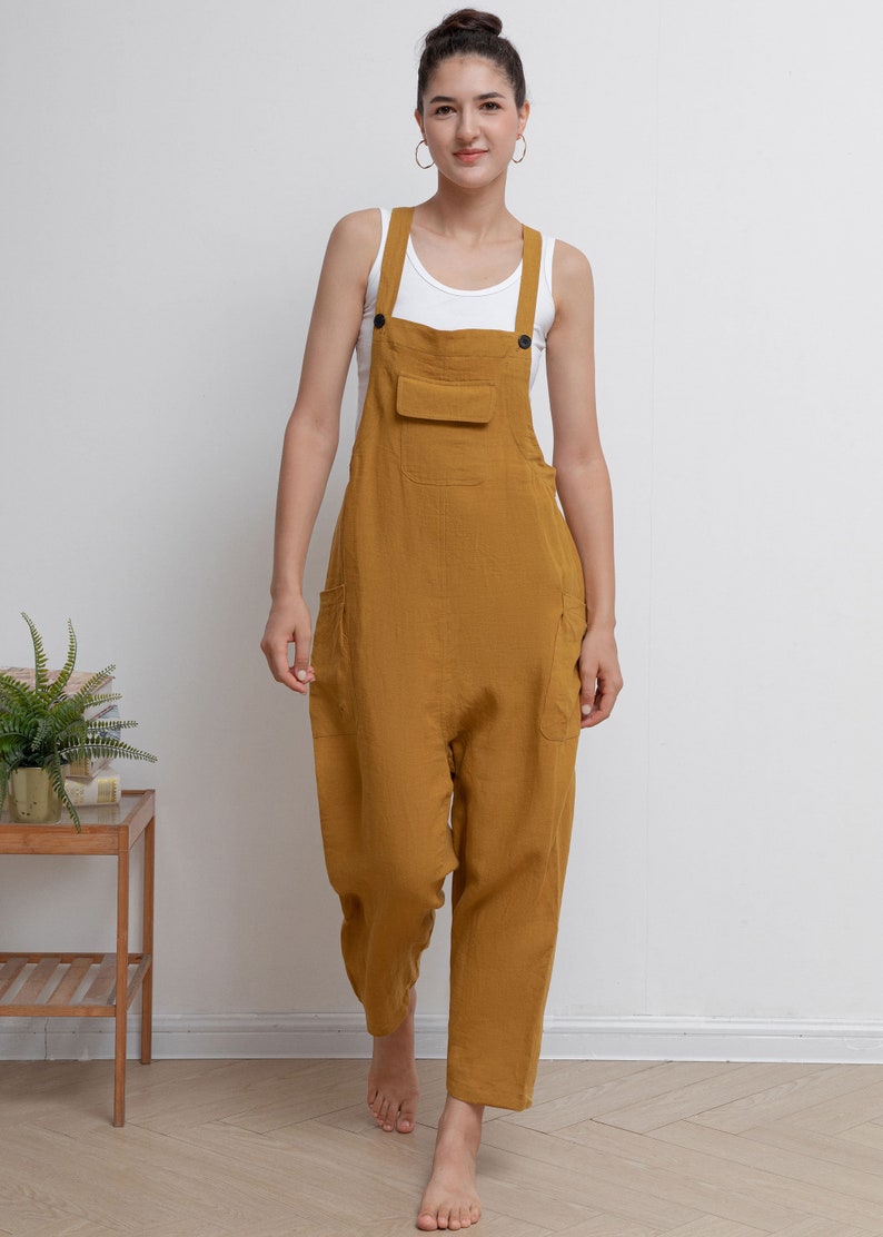 Women Linen Jumpsuit, Casual Linen Overalls, Loose Linen Harem Jumpsuits, Womens linen Romper, Yellow Linen Jumpsuit, Loose Pants C2943 image 4