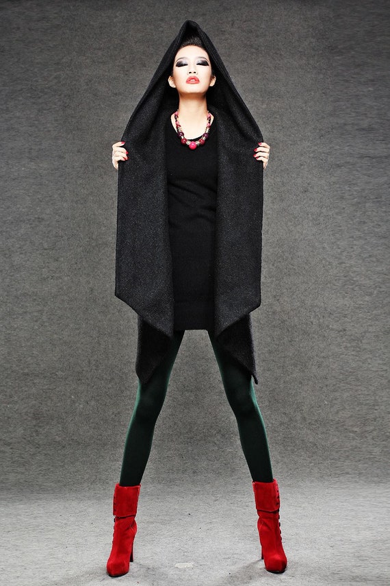 Black Winter Pea Coat Wrap Around Short Hooded Womens Coat With