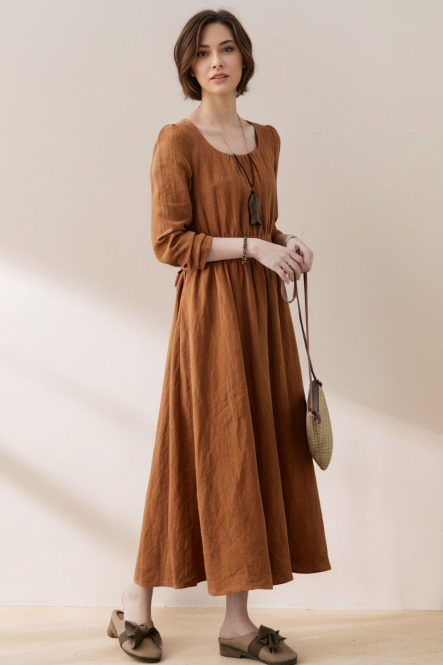 Fit and Flare Pleated Linen Dress, High Waist Linen Maxi Dress with Tie Bow C5385 Brown / Xs