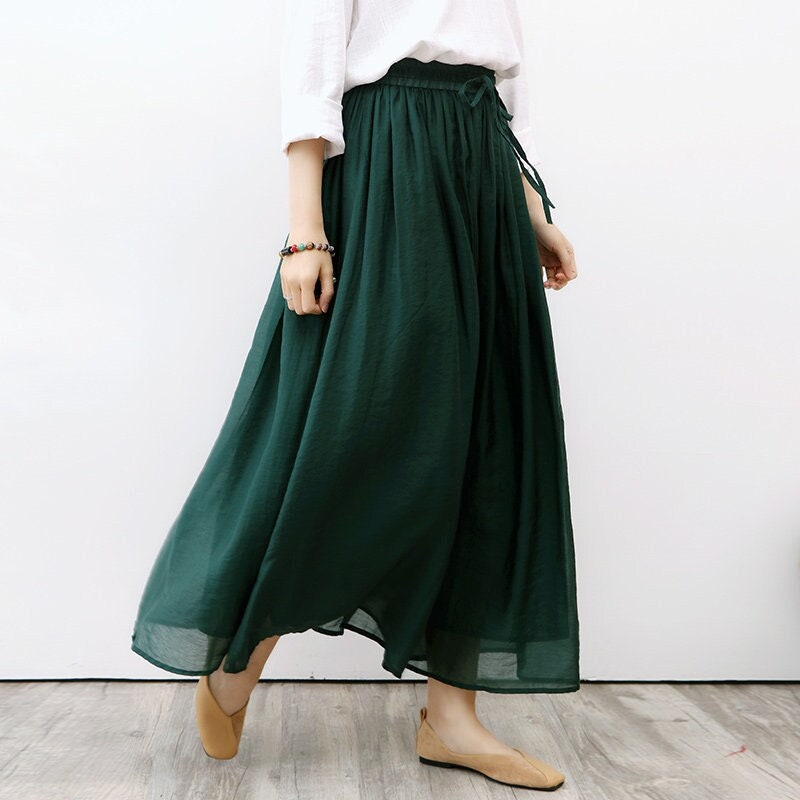 Summer Green Maxi Skirt-waist Tie Tencel-linen Blend Skirt, Plus