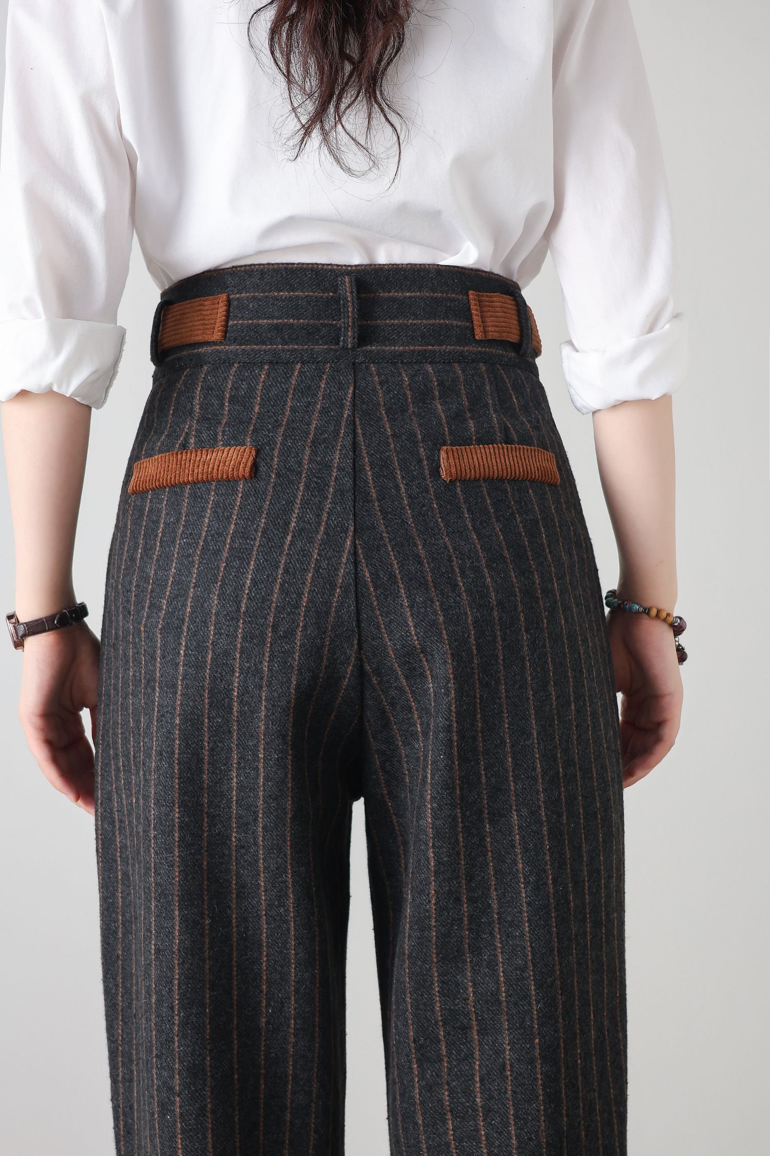 Striped Wool Pants, Womens Pants, Wide Leg Pants, High Waist