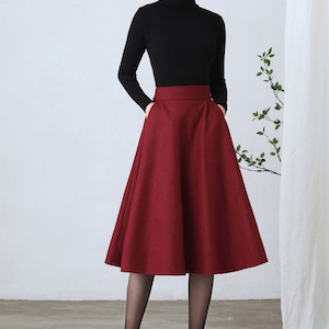 Wool skirt, Wool midi skirt, flare skirt, Swing A line skirt, women skirts winter, Elastic waist skirt, Gray wool skirt, Ylityle C1193 Red-C2607