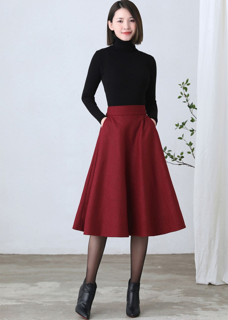 Wool skirt, Wool midi skirt, flare skirt, Swing A line skirt, women skirts winter, Elastic waist skirt, Gray wool skirt, Ylityle C1193 Red-C2607