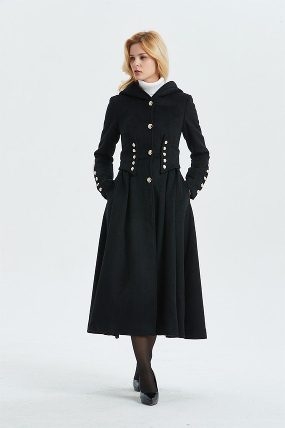 Military Coat Black Wool Coat Long Coat Hooded Coat Womens Etsy