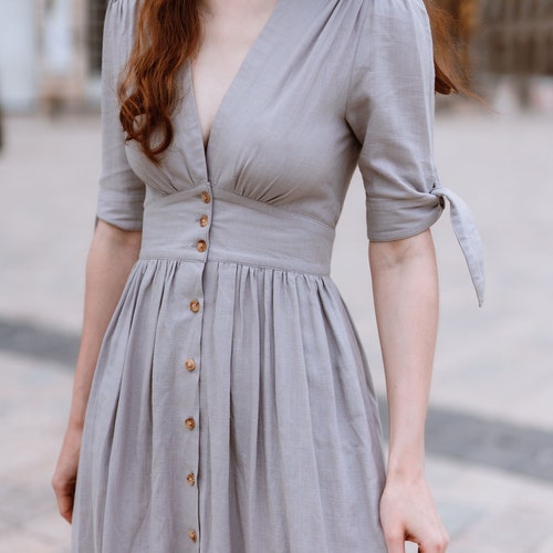 Linen Dress, Deep V neck Linen party Dress, Linen midi dress, button front dress, Womens Linen dress, Customized Linen dress, Ylistyle C2914