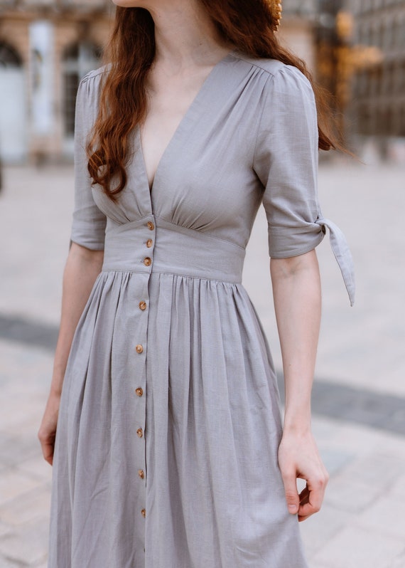 Linen Dress, Deep V Neck Linen Party Dress, Linen Midi Dress, Button Front  Dress, Womens Linen Dress, Customized Linen Dress, Ylistyle C2914 