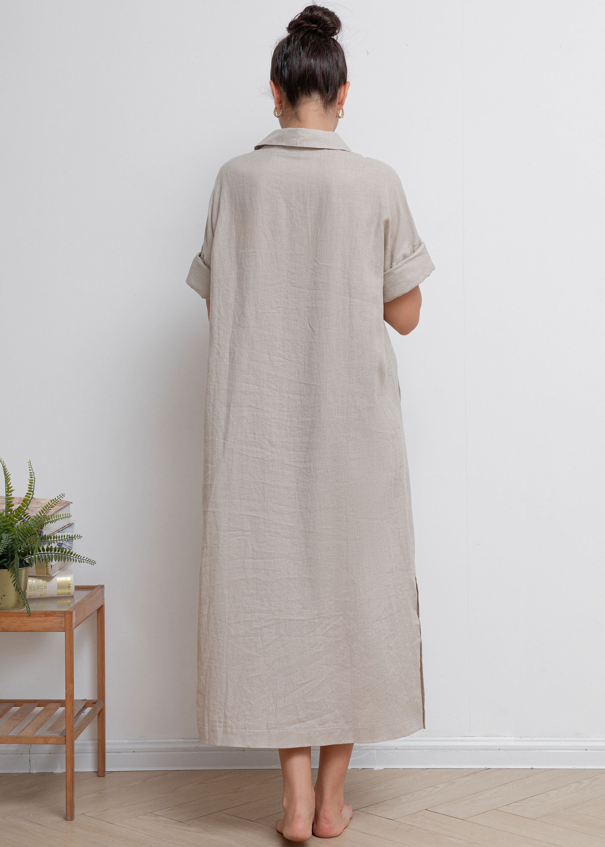 Oversize Linen Shirt Maxi Dress, Womens Casual Linen Shirt