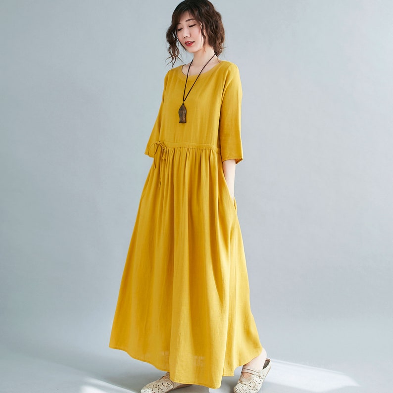 New Summer Soft Yellow Linen Dress Half Sleeve Linen Long - Etsy