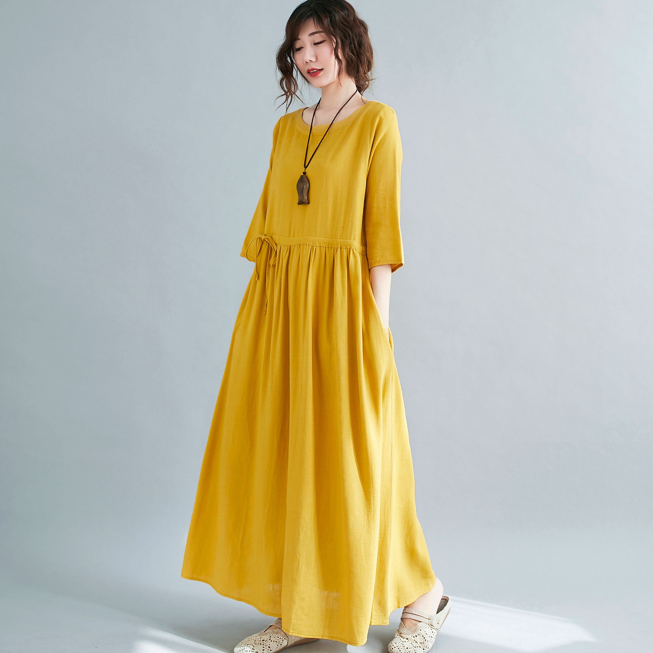 New Summer Soft Yellow Linen Dress Half Sleeve Linen Long - Etsy UK
