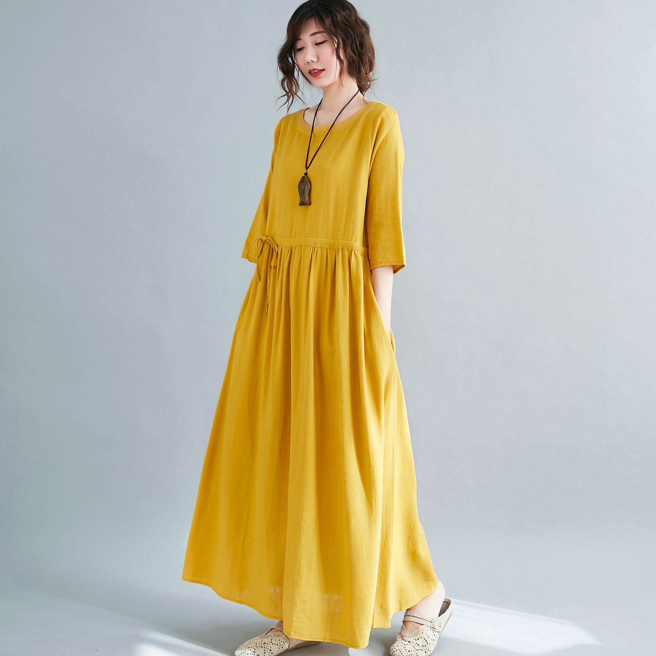 New Summer Soft Yellow Linen Dress Half Sleeve Linen Long Etsy UK