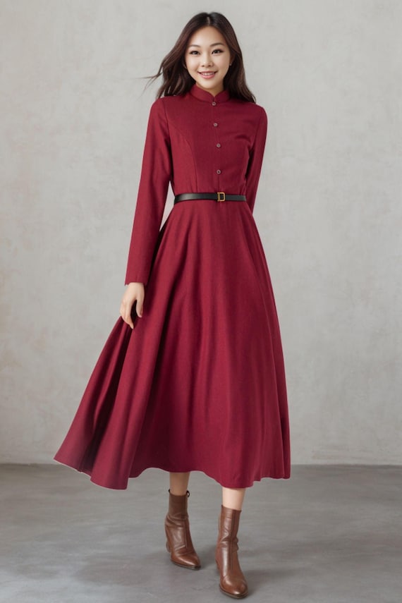 Fit and flare burgundy wool dress women 4545 Fit and flare burgundy wool dress women 4545