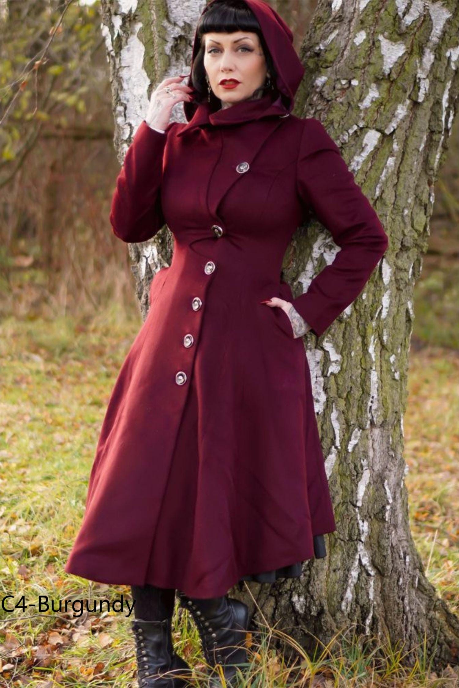 フード付きウールコート レディースブルーウールコートロングウール  