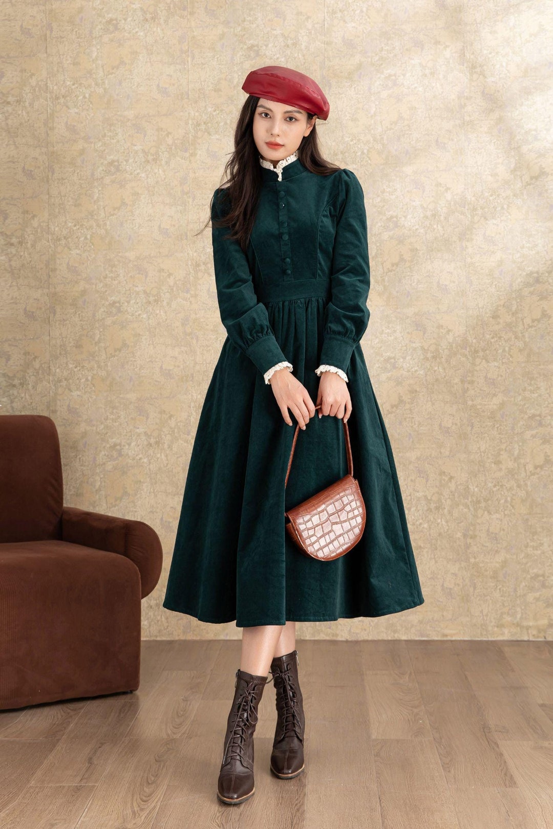 Corduroy Dress, Green Corduroy Midi Dress, A Line Dress