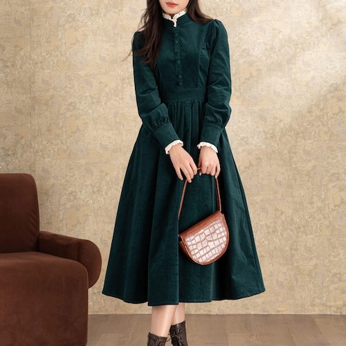 Corduroy Dress, Green Corduroy Midi Dress, A Line Dress, Corduroy