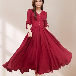 Women's Casual Red Cottagecore Dress, Spring Linen Midi Dress, French Minimalist Cotton-Linen Dress, Boho date Dress, Ylistyle C4771 image 4