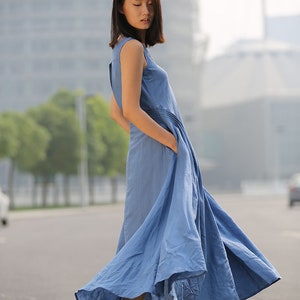 Blue Linen Dress Maxi Casual Summer Dress Long Length Sleeveless Full ...