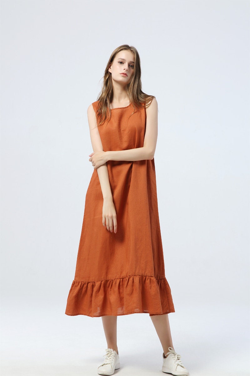 Orange linen dress long linen dress for summmer-loose and | Etsy