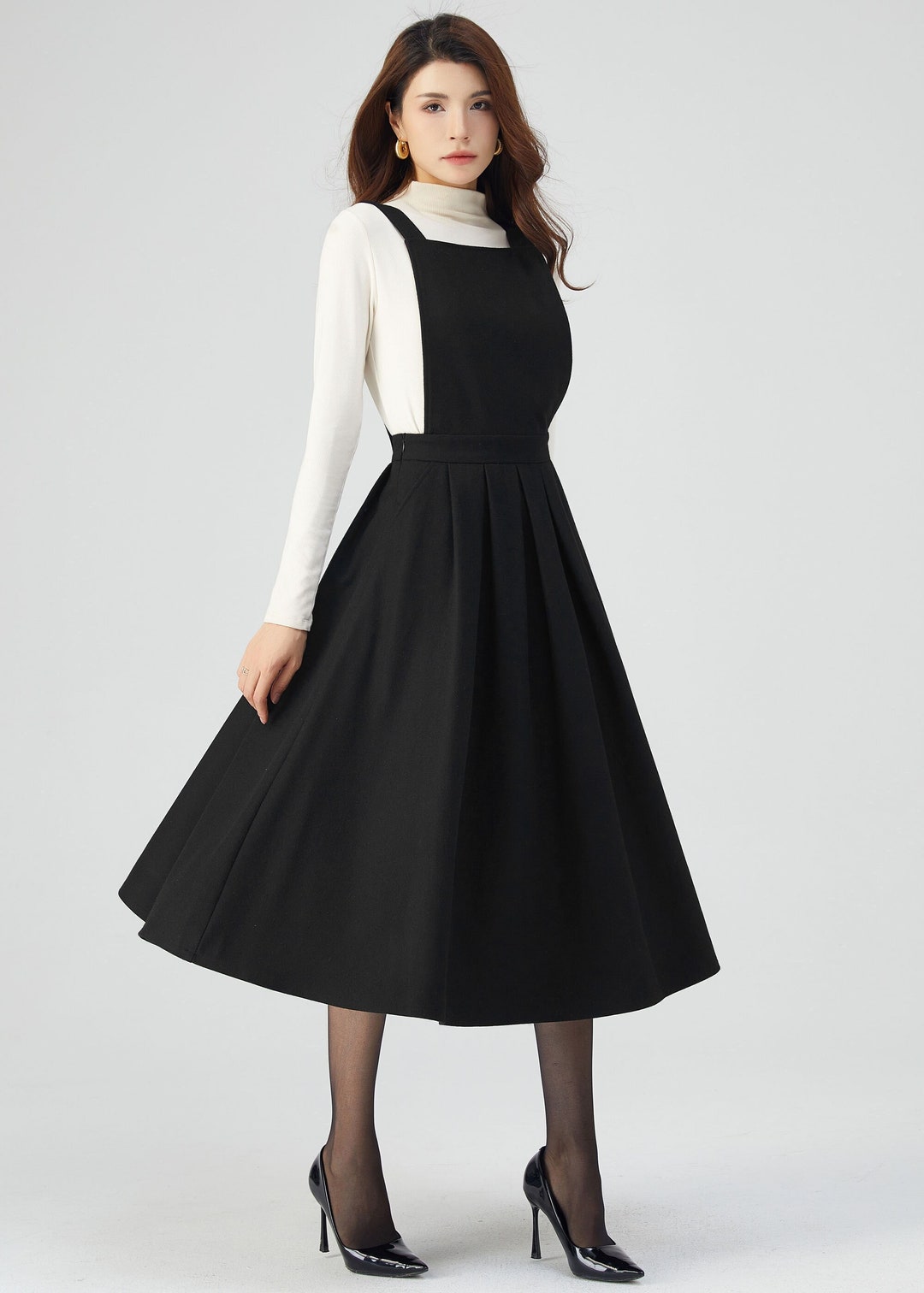 Black Wool Dress, Pinafore Dress Women, Suspender Dress, Midi Wool ...