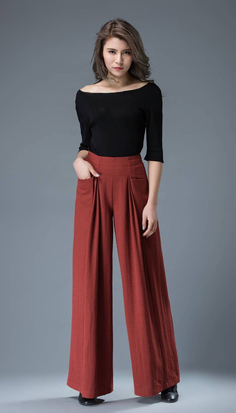 wide leg pants womens pants High waisted pants long trousers casual pants C827 linen trousers red pants pleated pants flared pants