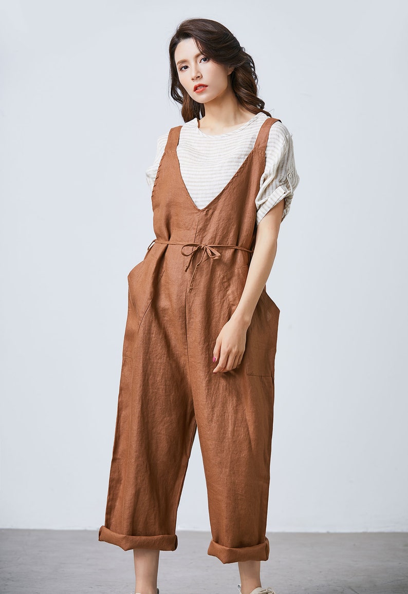 Baggy Brown Summer Linen Harem Overalls Women Oversized Etsy